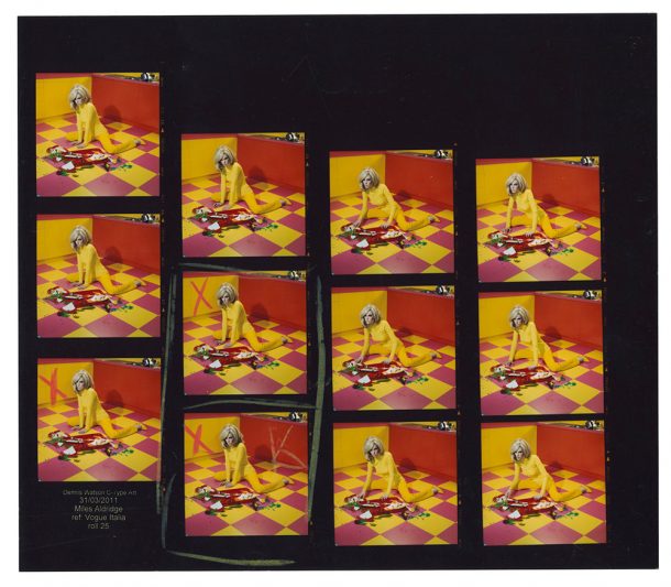 A contact sheet showing photographs of a woman sprawled on a checked floor