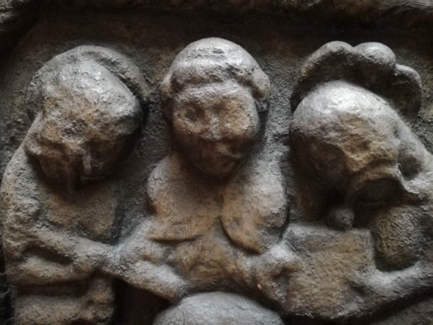 Detail of a relief on the Monasterboice Cross after cleaning. Image, Johanna Puisto Infills to hide metal screws on the triangular section of the Ruthwell Cross. Image, Johanna Puisto © Victoria and Albert Museum, London.