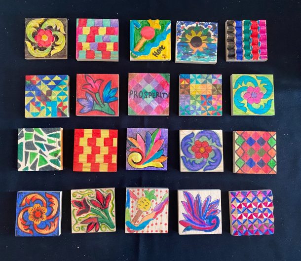 The woodblocks coloured in by visitors