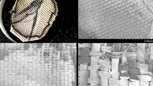 Figure 2. Painted silk; mechanical damage caused by the ultrasonic wand after direct contact without barrier. Top left: Dino-lite image of control sample. Top right: SEM-SE image; control sample at 18x magnification. Bottom left: SEM-SE image; sample 2 (ten second contact, no barrier) 18x magnification Bottom right: SEM-SE image, sample 2 (ten second contact, no barrier) 47x magnification.