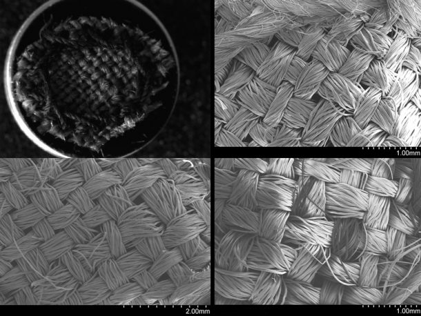 Figure 3. Wool; some fibres loose and weave interrupted but very little mechanical fibre breakage after cleaning with probe in different scenarios. Top left: Dino-lite image of wool control sample. Top right: SEM-SE image; control sample at 30x magnification. Bottom left: SEM-SE image; sample 5, cleaned with Melinex barrier and continual lateral movement of the probe, 23x magnification (10 seconds). Bottom right: SEM-SE image; sample 2 (10 second contact with no barrier) at 30x magnification.