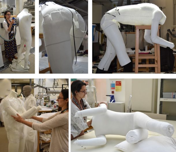 Figure 2. Montage showing the multiple stages involved in sculpting, smoothing and covering the posed figure