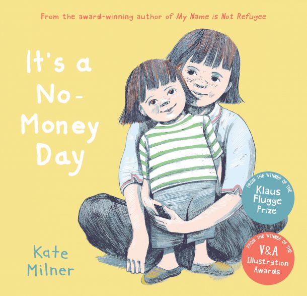 Front cover of It's a No Money Day shows young girl in her mothers arms against a plain yellow background