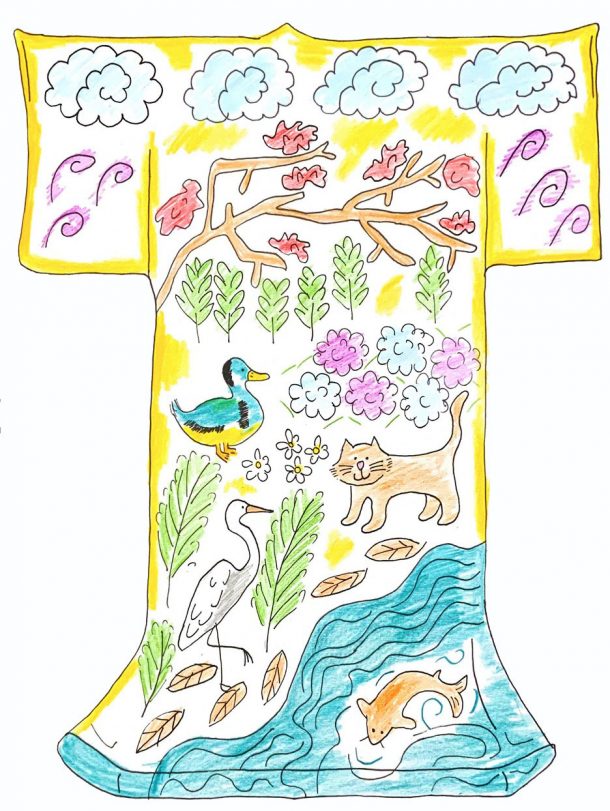Kimono drawn by the V&A team, decorated with ducks and a stream