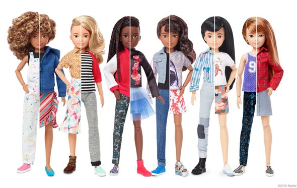 Row of dolls wearing different outfits and with various haircuts