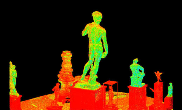 Raw Digital model of David shown from behind in the context of other V&A’s casts. Image © Plowman Craven