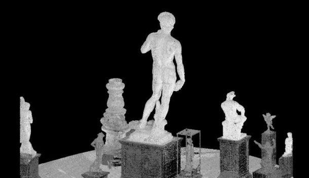Raw Digital model of David shown from a different angle (in grey scale) in the context of other V&A’s casts. Image © Plowman Craven