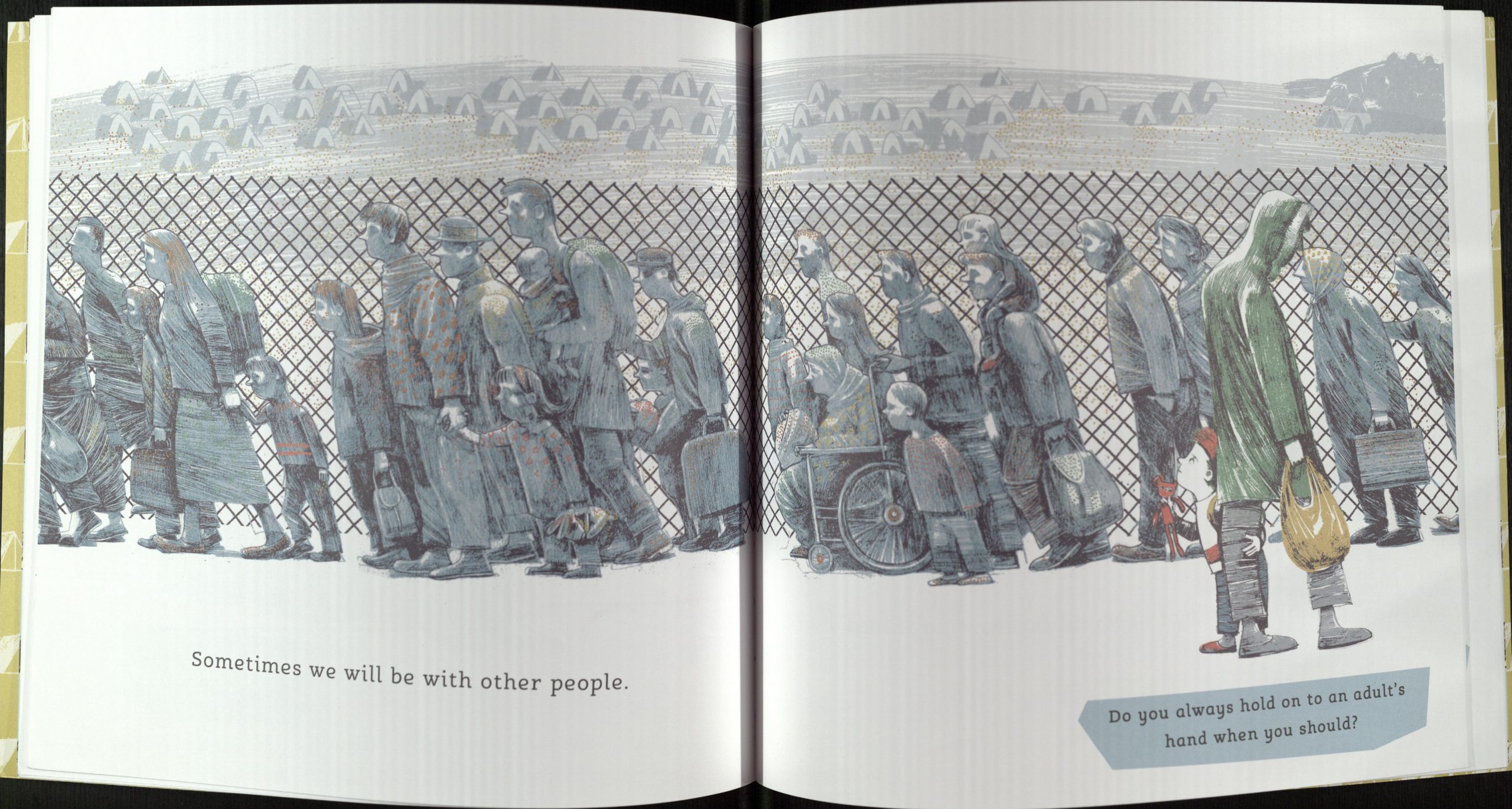 Published book spread showing group of refugees in front of metal fence at a refugee camp 
