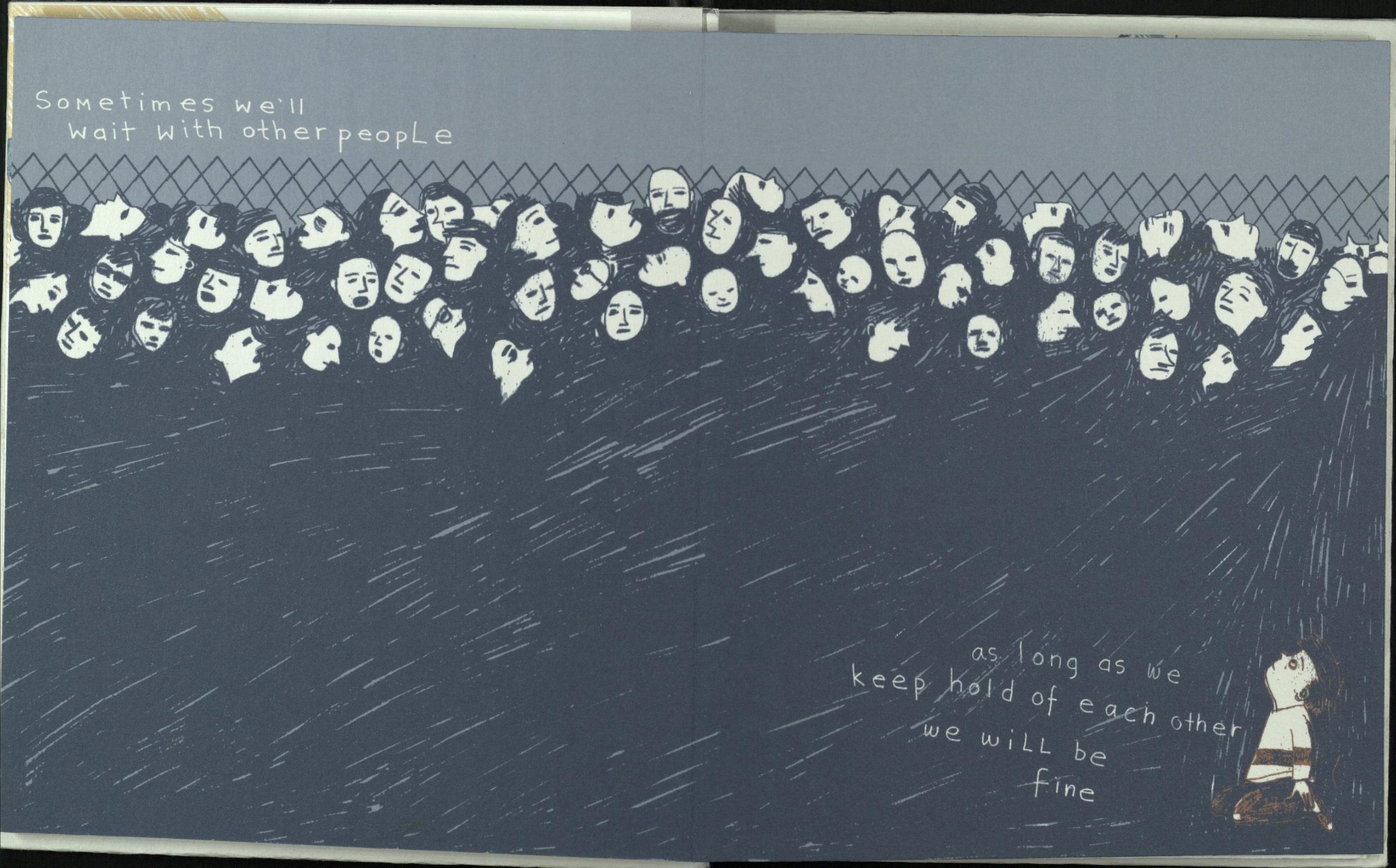 Spread from My Name is Not Refugee dummy book showing crowd of people in black and white 