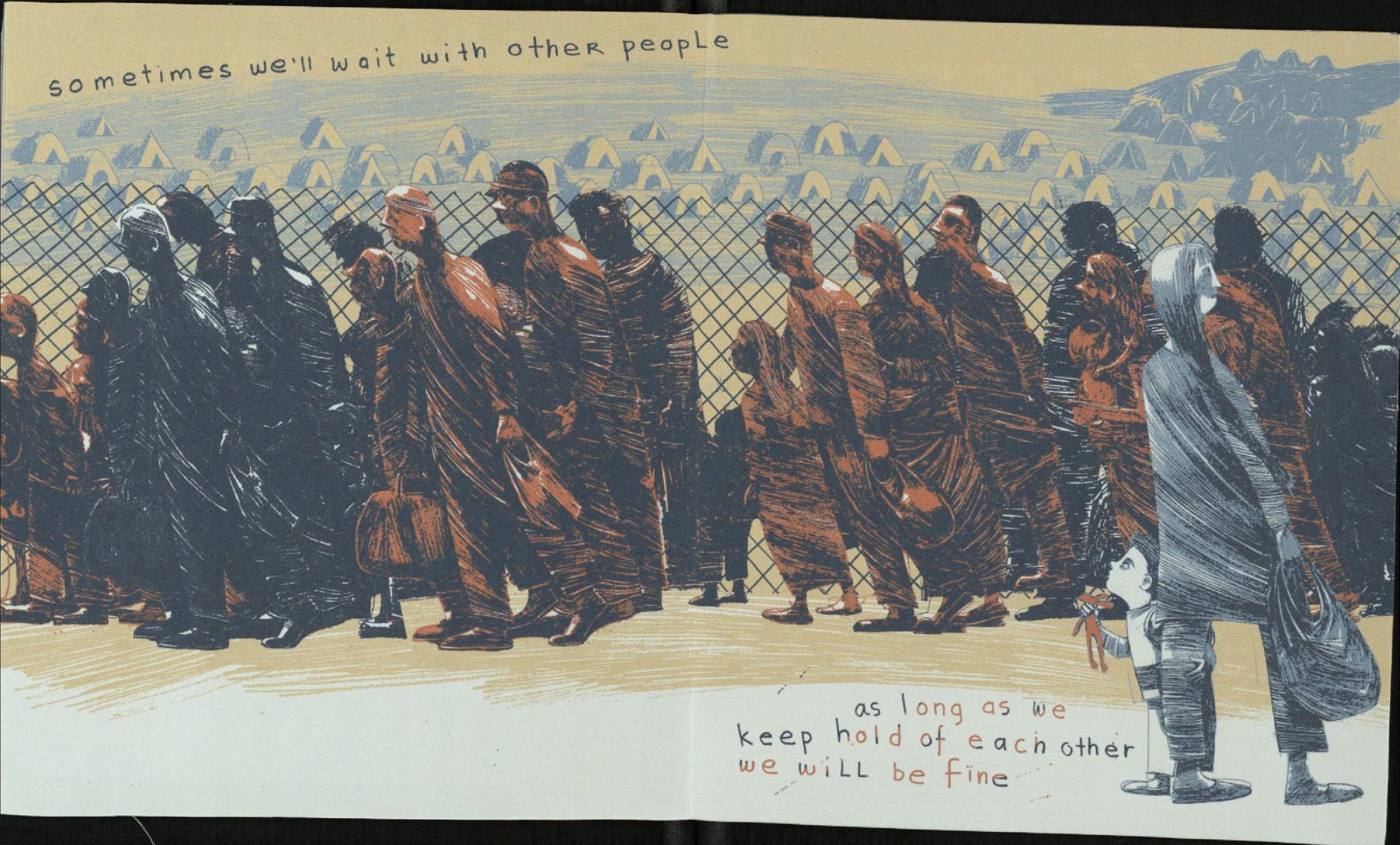 Dummy book spread for My Name is Not Refugee showing revised composition for crowd of people in front of metal fencing