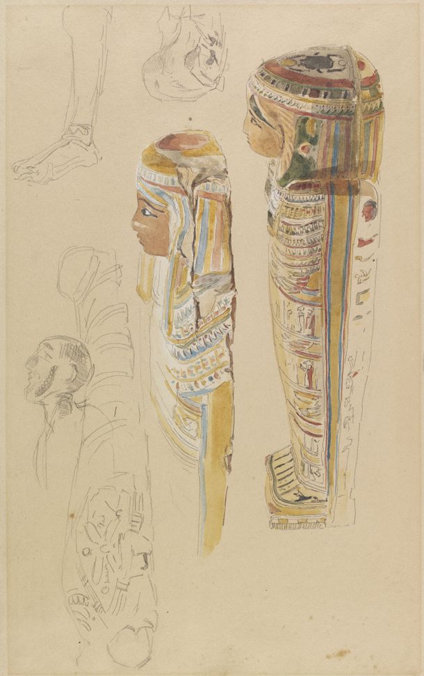 Colourful drawings of mummy cases