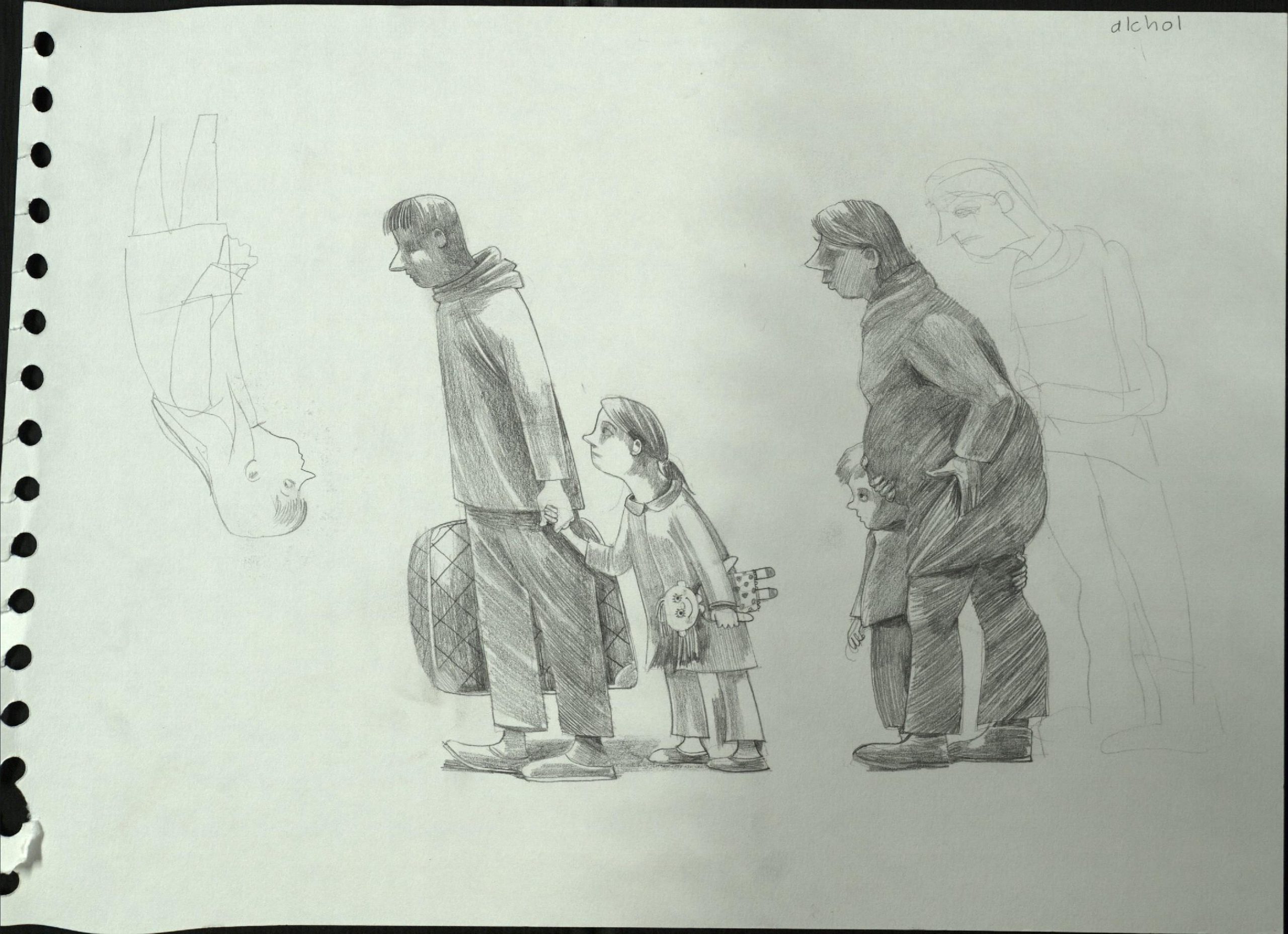 Pencil sketch for My Name is Not Refugee showing character studies 