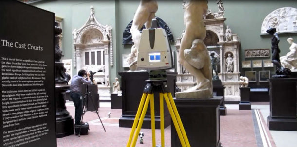 Data being captured with LiDAR laser scanner (foreground) and photography (background). Image Johanna Puisto © Victoria and Albert Museum, London.