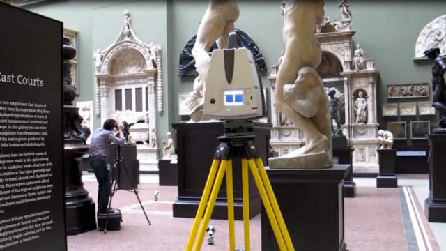 Data being captured with LiDAR laser scanner (foreground) and photography (background). Image Johanna Puisto © Victoria and Albert Museum, London.