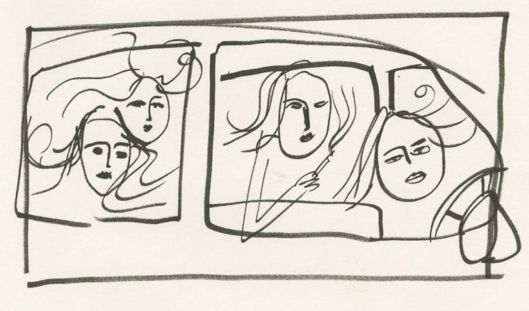 A drawing of the side of the car, with women looking out