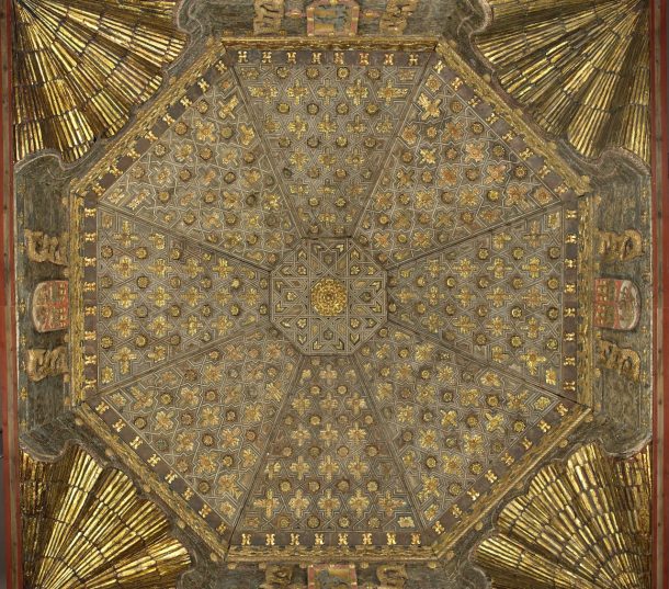 Ornate ceiling viewed from below, in 8 main sections