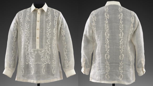 Front and back of a light-coloured man's shirt or barong, made of sheer fabric and richly embroidered.