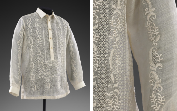 A light-coloured man's shirt or barong, made of sheer pineapple silk. With a close-up detail of the embroidery. 
