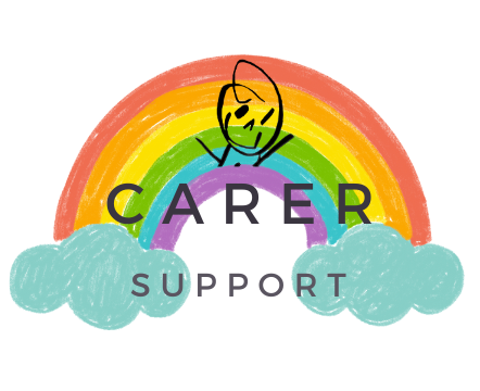 A logo drawn as a rainbow, with the words 'carer support'