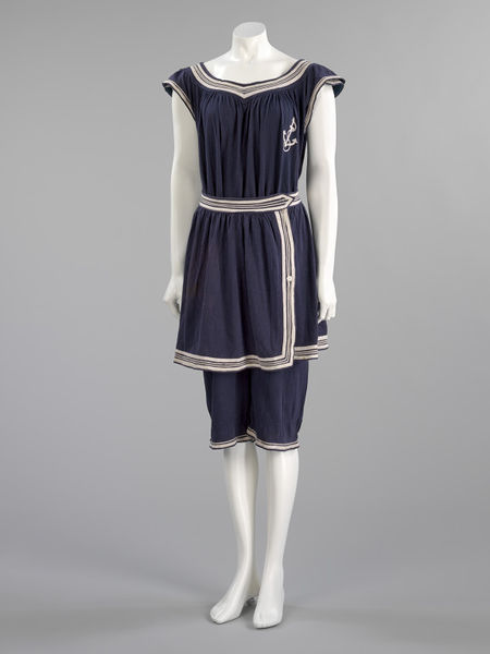 Women's bathing costume with skirt in navy wool