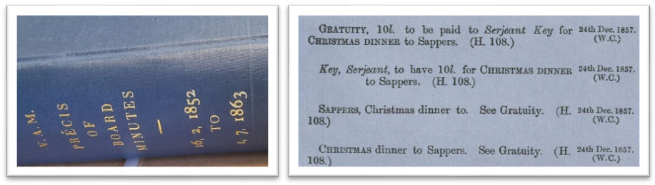 Bound book containing board minutes, with an extract of text showing Christmas dinner payments