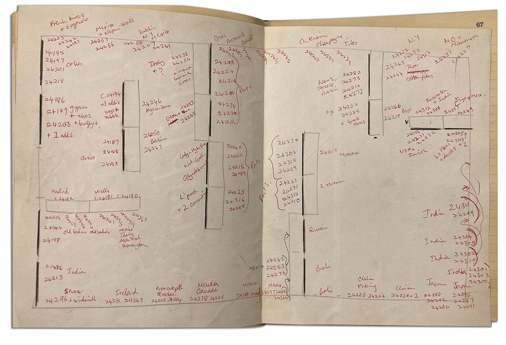 Plan for the Cartier-Bresson exhibition at the V&A, with the placement of the photographs in red pen