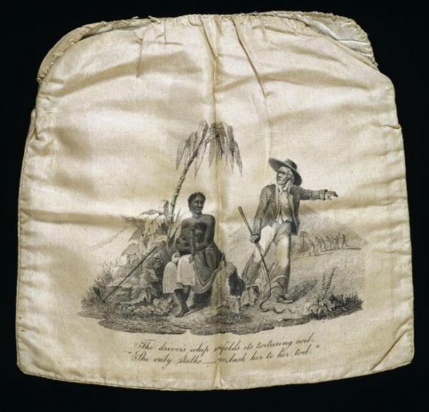 Bag with a picture showing three people, two seated under a tree