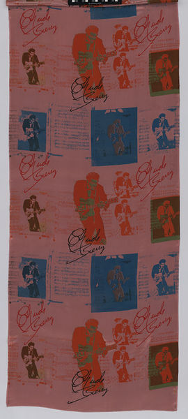 Dress fabric of screen-printed cotton satin with orange, blue, green, red and black photographic images of rhythm-and-blues pop singer and songwriter Chuck Berry, his autograph, and piano and vocal sheet music scores of his songs on a pink ground.