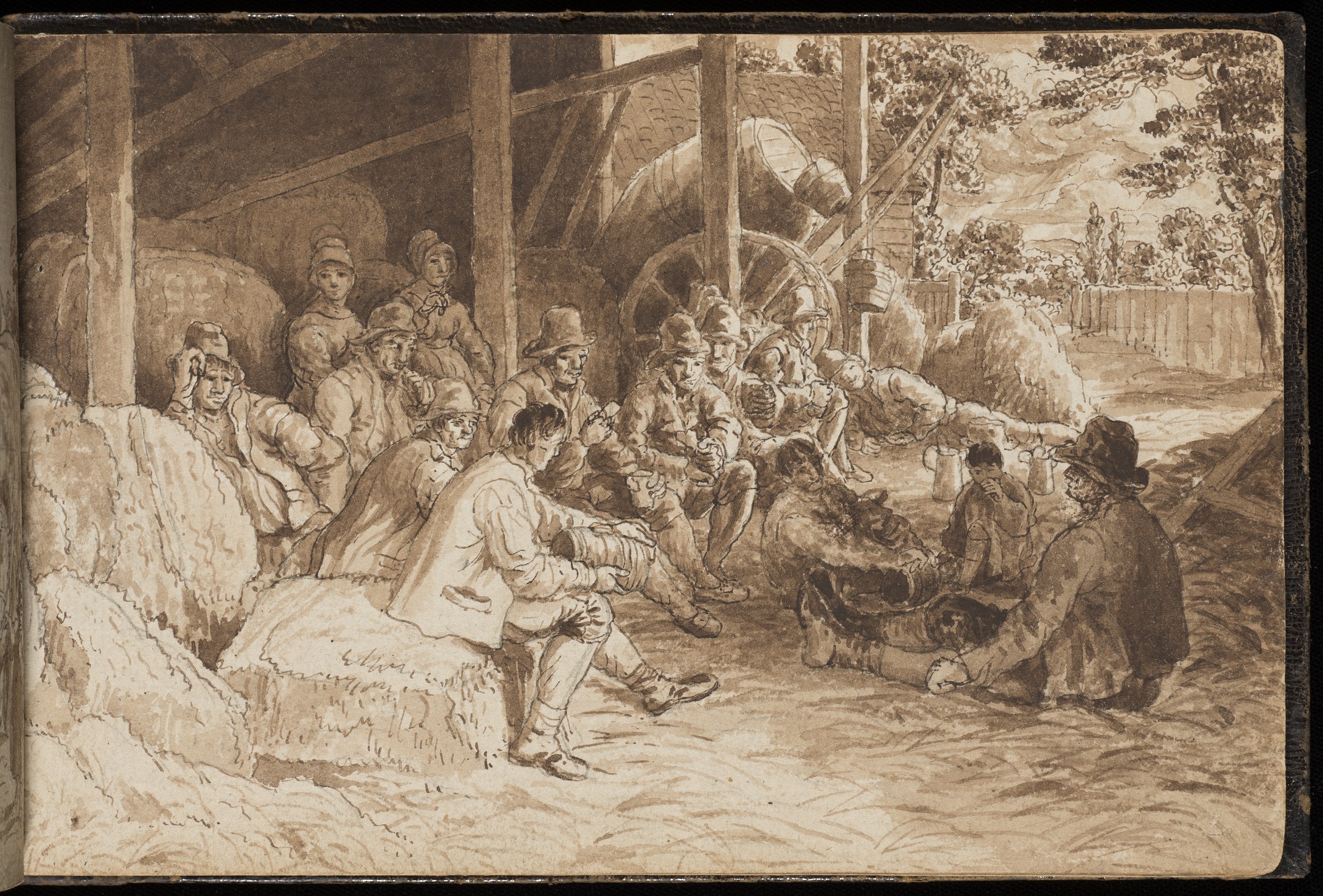 Drawing of farm workers relaxing