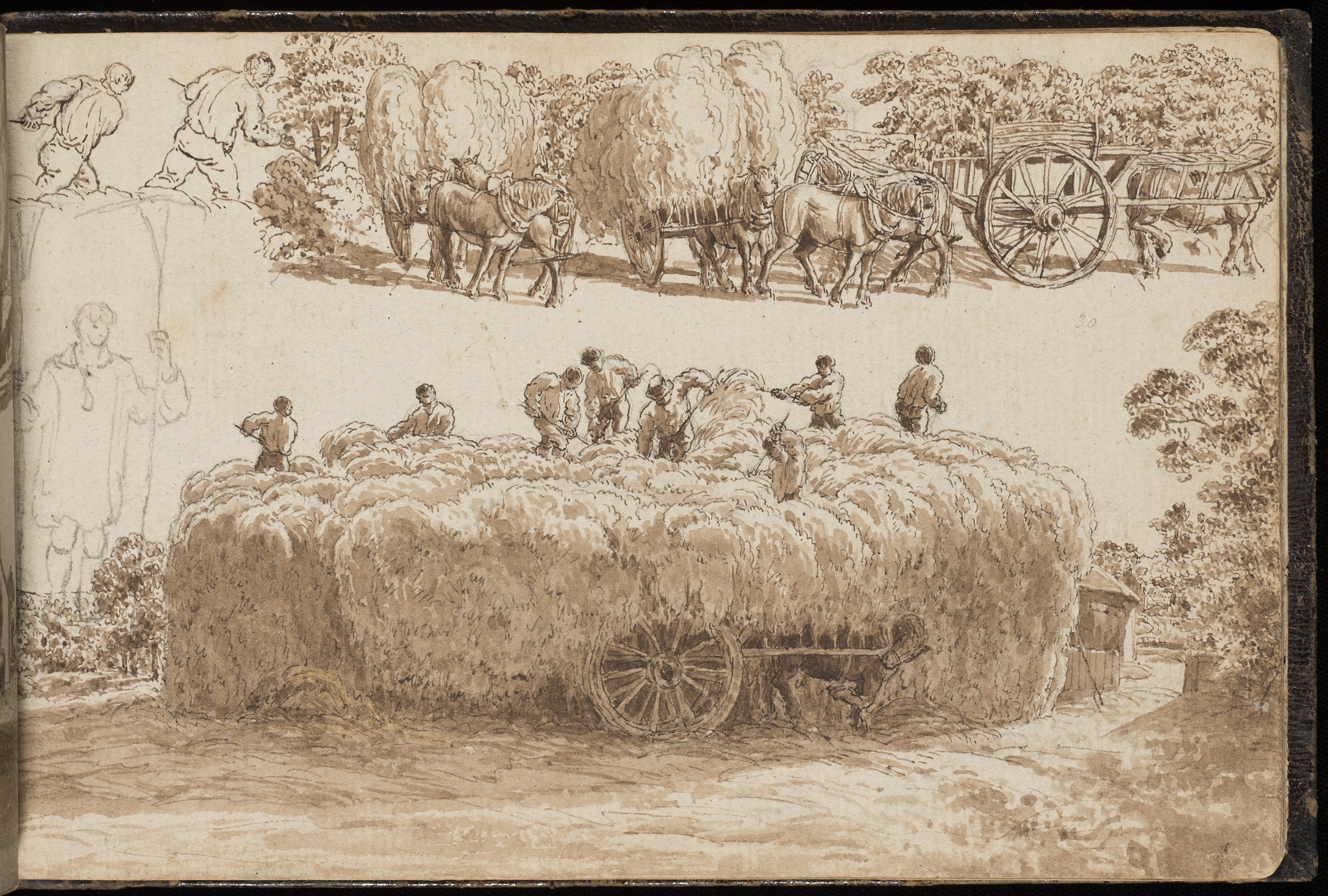Drawing of farm workers loading carts with hay