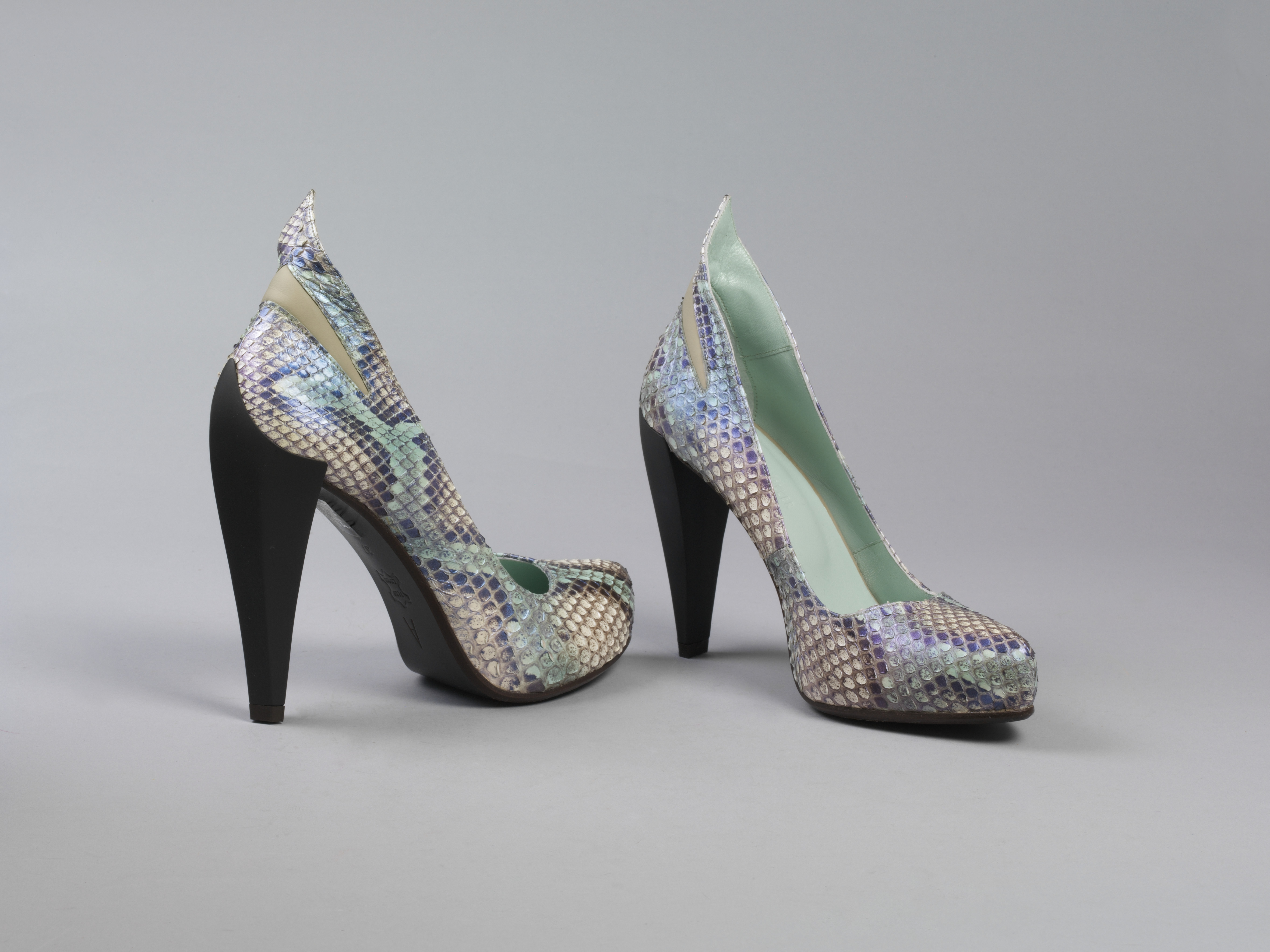 Pair of shoes, turquoise snake skin high heels, 'Spock A3', S/S 2010, Atalanta Weller, designed in Great Britain, made in Portugal, 2010.