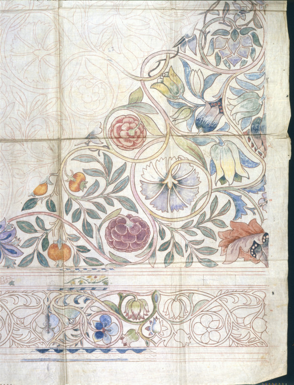 Working drawing for an embroidery, possibly for a wall-hanging, by William Morris. Red chalk and watercolour on both sides of a  sheet of calico.