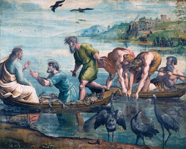 Raphael Cartoon, The Miraculous Draught of Fishes: Luke Chapter 5: Verses 1–11, by Raphael, 1515 – 16, Italy. Museum no. ROYAL LOANS.2. © Victoria and Albert Museum, London