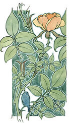 Design depicting a rose and a small bluebird