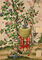 Wallpaper with pot of kumquat plant on red stool