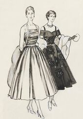 Worth London and Victor Stiebel short evening dresses, fashion illustration