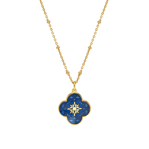 Gold chain necklace with a blue flower shaped pendant.