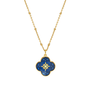 Gold chain necklace with a blue flower shaped pendant.