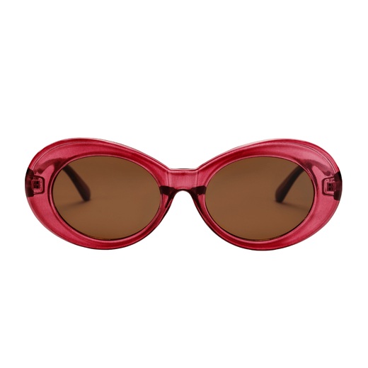 A pair of sunglasses with a red transparent frame.