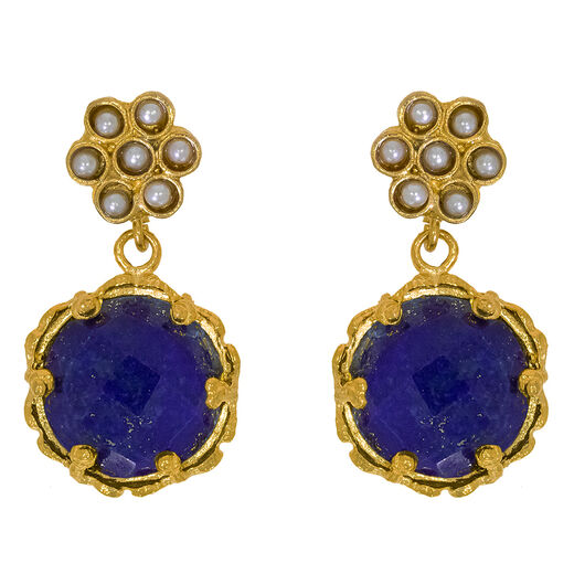 Lapis and pearl flower stud earrings by Ottoman Hands