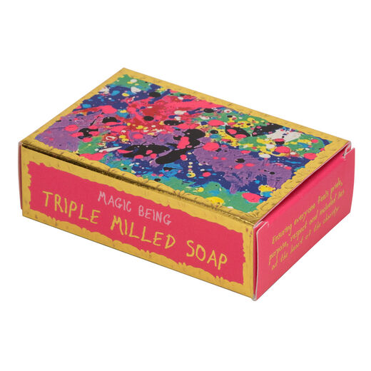 A soap bar paper box decorated with a colourful abstract artwork on the top and bright pink edges. 