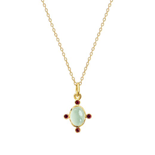 Gold chain rosary necklace with a oval pale green pendant surrounded by four small red stones.