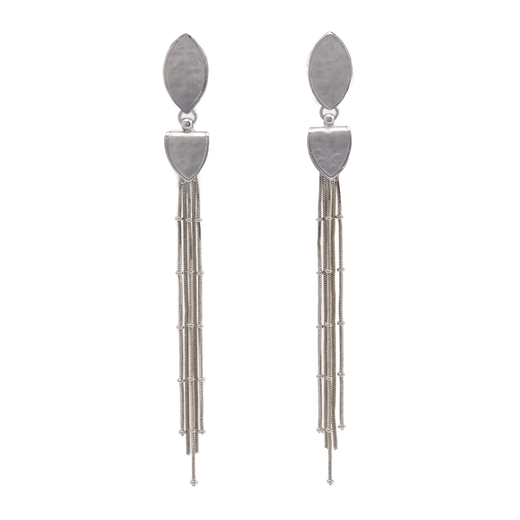 Silver drop earrings featuring four strands suspended on an oval stud. 