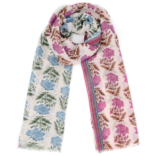 Flower block print linen cotton scarf