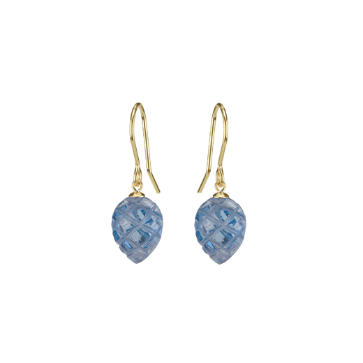Hook earrings with a carved, drop-shaped blue stone.