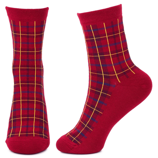 A pair of socks featuring a purple tartan pattern.