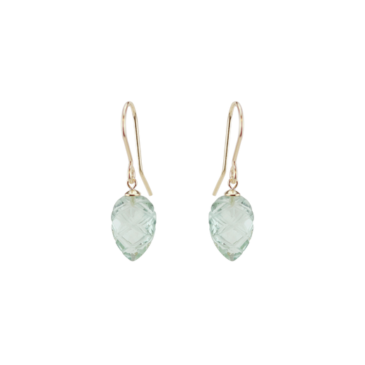 Hook earrings with a carved, drop-shaped pale green stone.