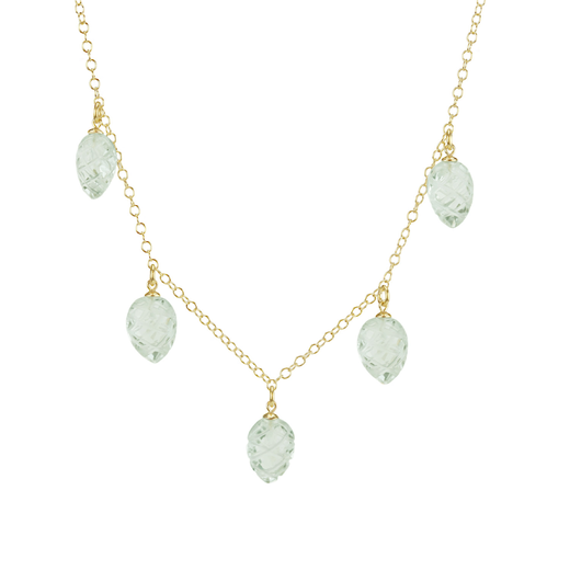 Gold chain necklace with five pale green drop-shaped stones.