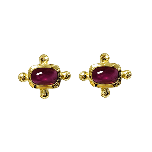 Stud gold earrings, each with a red rectangular stone in the centre.