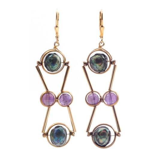 Geometric amethyst and pearl hook earrings by Joli